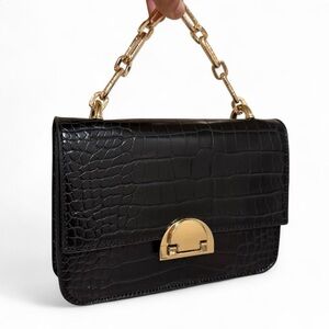 Forever 21 Black Croc-Embossed Clutch with Gold Chain